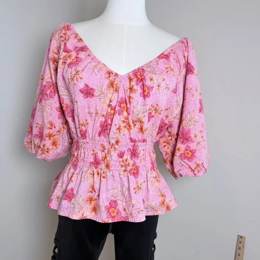 Floral Peplum Blouse Pink Puff Sleeve Cottagecore Boho Soft Modal Large by LOFT